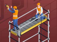 Constructors on scaffold banner. Isometric illustration of constructors on scaffold vector banner for web design