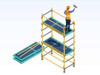 Worker putty on scaffold banner. Isometric illustration of worker putty on scaffold vector banner for web design